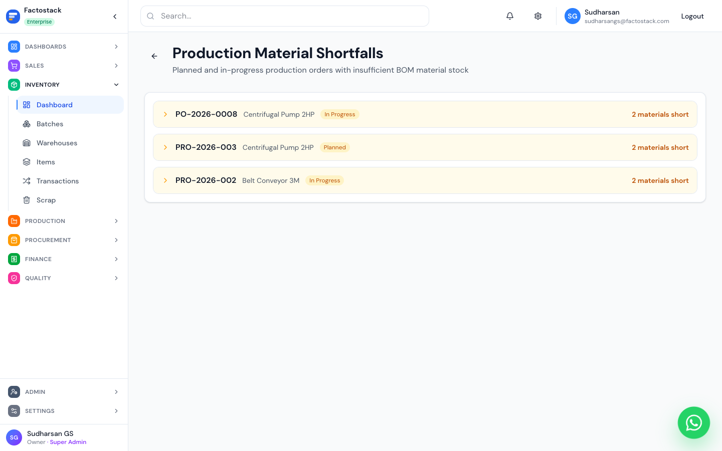 Production order planning screen connected to material demand