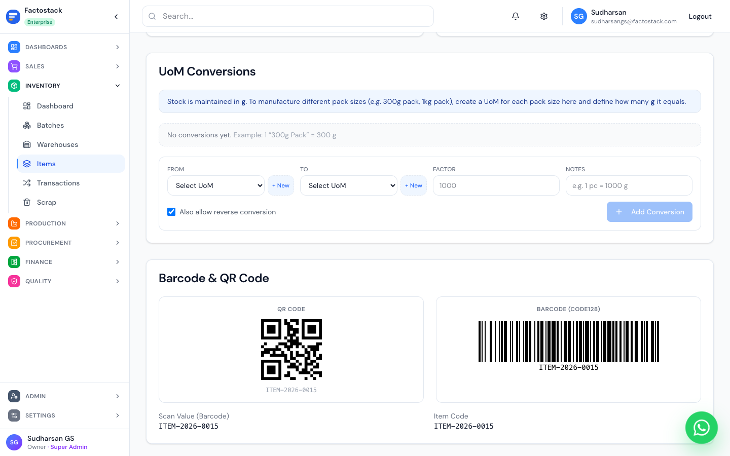 Inventory screen for barcode and lot-level stock tracking