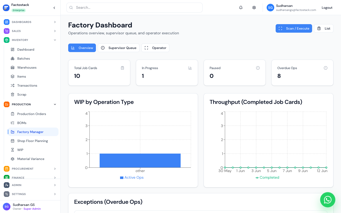 FactoStack Shop floor product screen